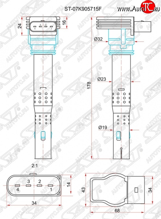 1 399 р. Катушка зажигания SAT Audi A3 8V1 хэтчбэк 3 дв. дорестайлинг (2012-2016)  с доставкой в г. Кемерово