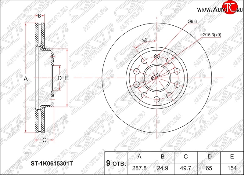 2 379 р. Диск тормозной SAT (вентилируемый, d288 мм) Audi A3 8V1 хэтчбэк 3 дв. дорестайлинг (2012-2016)  с доставкой в г. Кемерово