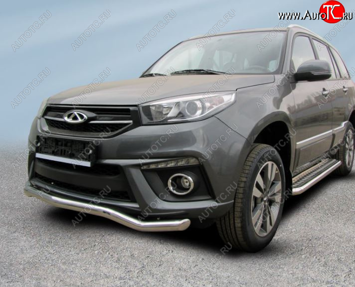 8 949 р. Защита переднего бампера Slitkoff (Ø 57 мм, волна). Chery Tiggo 3 (2014-2020) (Сталь окрашенная в цвет: серебристый)  с доставкой в г. Кемерово