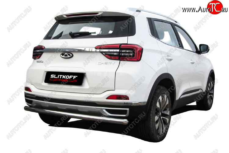 8 449 р. Защита заднего бампера Slitkoff (Ø 57 мм)  Chery Tiggo 4 (2018-2023) 1-ый рестайлинг (Полированная нержавейка)  с доставкой в г. Кемерово
