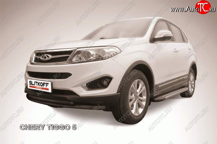 8 599 р. Защита переднего бампера Slitkoff (трубы, d57/d42)  Chery Tiggo 5  (T21) (2014-2017) дорестайлинг (Цвет: серебристый)  с доставкой в г. Кемерово
