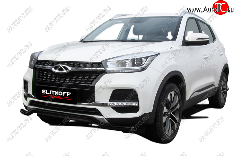 7 999 р. Защита переднего бампера Slitkoff (Ø 42 мм, волна)  Chery Tiggo 4 (2018-2023) 1-ый рестайлинг (Цвет: черный)  с доставкой в г. Кемерово