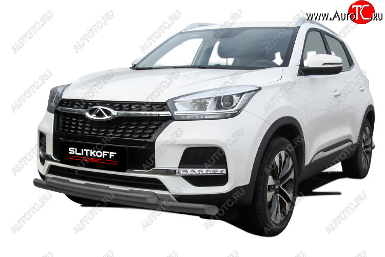 8 599 р. Защита переднего бампера Slitkoff (Ø 57+Ø 42)  Chery Tiggo 4 (2018-2023) 1-ый рестайлинг (Цвет: серебристый)  с доставкой в г. Кемерово