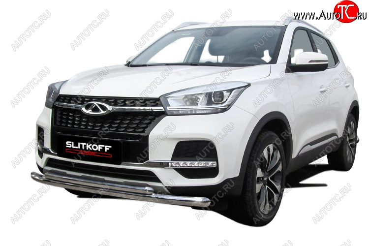 12 299 р. Защита переднего бампера Slitkoff (Ø 57+Ø 42).  Chery Tiggo 4 (2018-2023) 1-ый рестайлинг (Полированная нержавейка)  с доставкой в г. Кемерово
