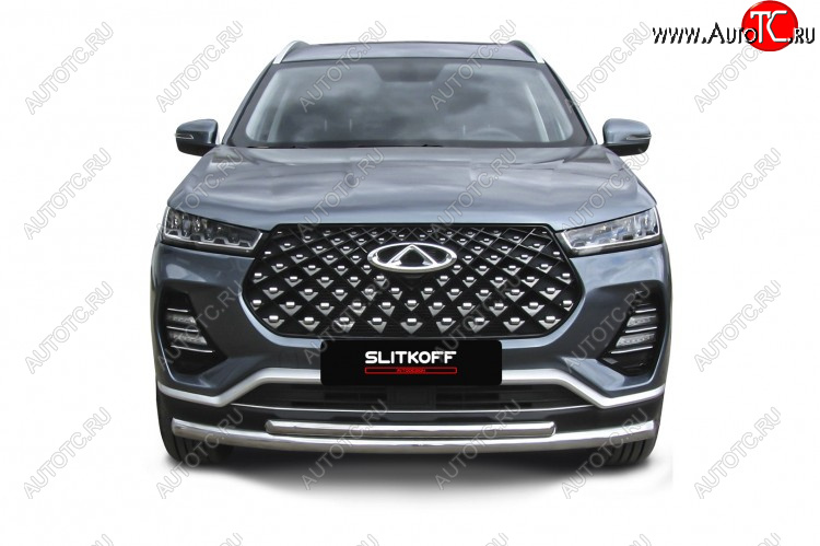 13 899 р. Защита переднего бампера Slitkoff (Ø 57+Ø 42 мм).  Chery Tiggo 7 PRO - Tiggo 7 Pro Max  T1E (Нержавеющая сталь)  с доставкой в г. Кемерово