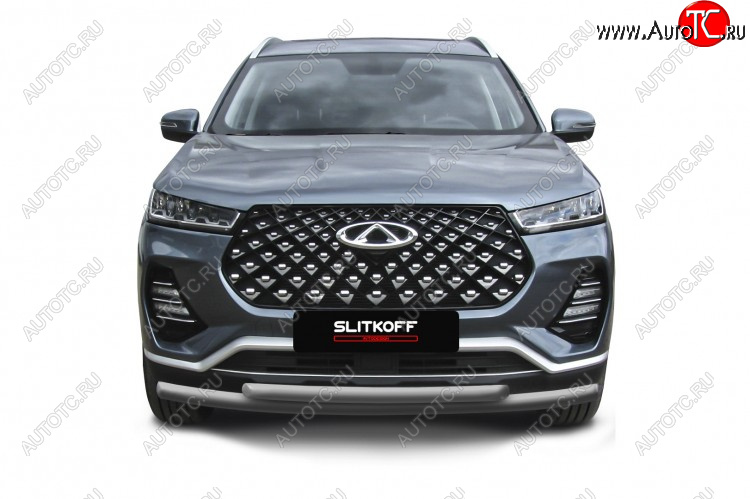 9 899 р. Защита переднего бампера Slitkoff (Ø 57+Ø 42 мм). Chery Tiggo 7 PRO (2019-2025) (Цвет: серебристый)  с доставкой в г. Кемерово