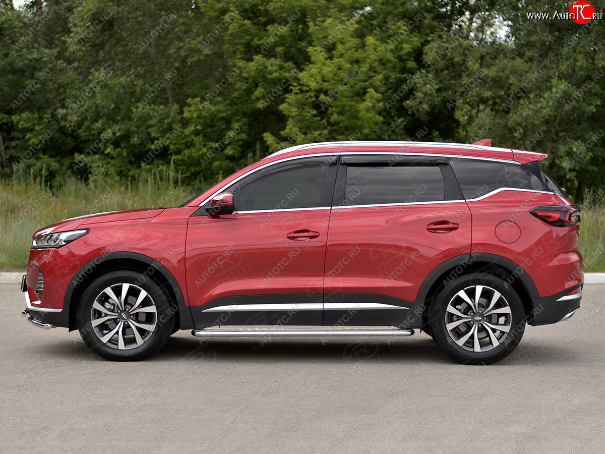 22 999 р. Порожки для ног SLITKOFF (Ø42 мм, с алюминиевым листом)  Chery Tiggo 7 PRO (2019-2025) (Профиль - нержавейка, лист - алюминий)  с доставкой в г. Кемерово