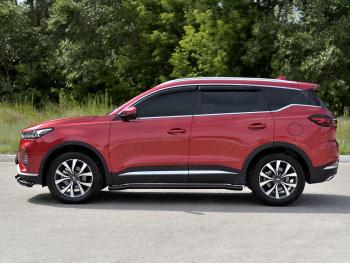 10 599 р. Защита порогов (Ø63 мм, с полимерным покрытием) SLITKOFF Chery Tiggo 7 PRO (2019-2025) (круглые торцы, черный)  с доставкой в г. Кемерово. Увеличить фотографию 3