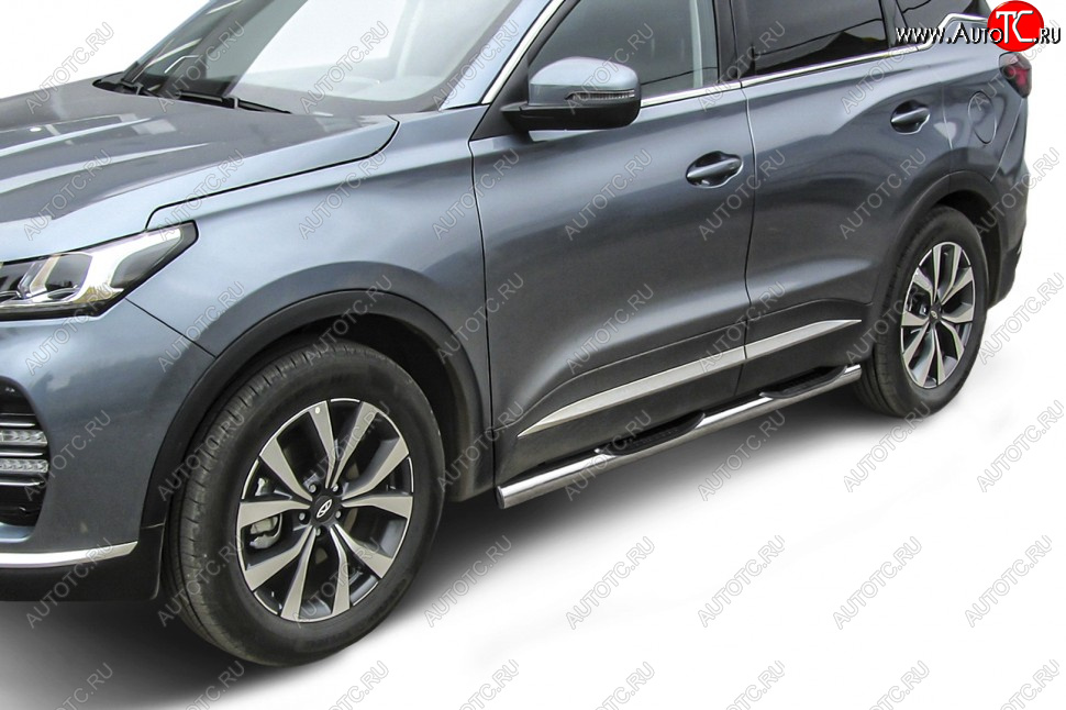 17 899 р. Защита порогов Slitkoff (Ø 76 мм, с проступями)  Chery Tiggo 7 PRO (2019-2025) (Нержавеющая сталь)  с доставкой в г. Кемерово