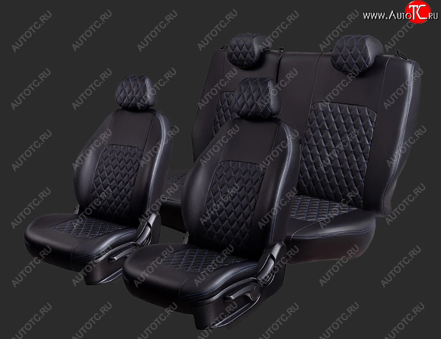 7 199 р. Чехлы для сидений Lord Autofashion Турин Ромб (Экокожа, раздельные спинка и сиденье 50/50, 2 П-образных подголовника)  Chery Tiggo T11 (2005-2013) дорестайлинг (Черный, вставка черная, строчка синяя)  с доставкой в г. Кемерово