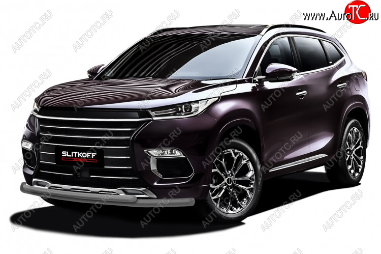 9 899 р. Защита переднего бампера Slitkoff (Ø 57+Ø 42 двойная).  EXEED TXL (2020-2021)  дорестайлинг (Цвет: серебристый)  с доставкой в г. Кемерово