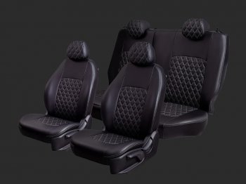 Чехлы для сидений Lord Autofashion Турин Ромб (экокожа, спинка 60/40, 2 Г-образных подголовника) Ravon R4 (2016-2020) (Черный, вставка черная, строчка серая)