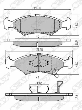 Колодки тормозные SAT (передние, без ABS) Chevrolet Captiva (2011-2016), KIA Sportage  1 JA (1993-2006), Ravon R4 (2016-2020)