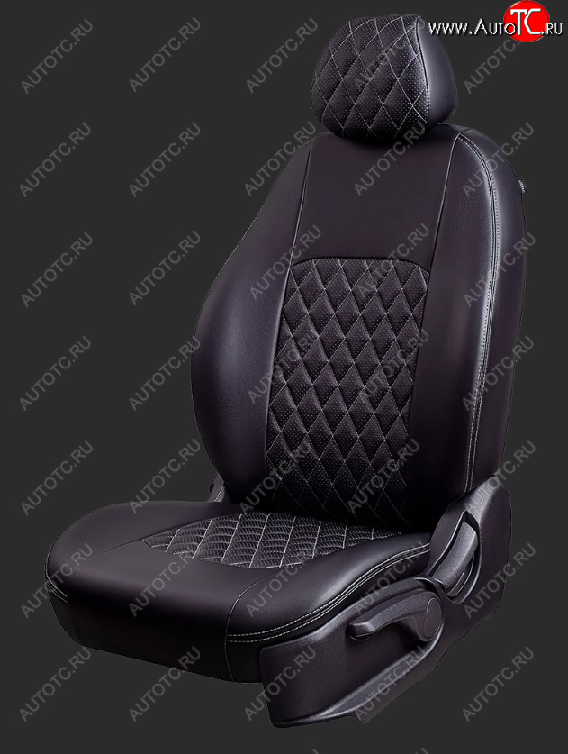 9 449 р. Чехлы для сидений Lord Autofashion Турин Ромб (экокожа, сплошная спинка, 2 Г-образных подголовника) Daewoo Nexia рестайлинг (2008-2015) (Черный, вставка черная, строчка серая)  с доставкой в г. Кемерово