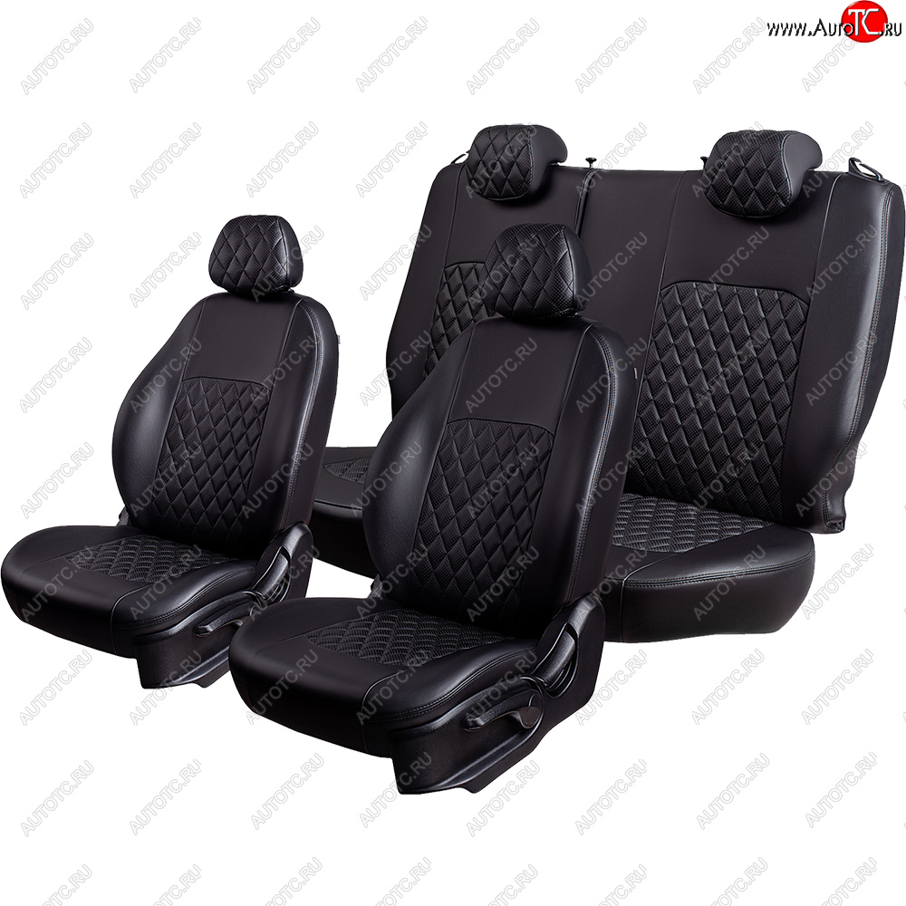 7 199 р. Чехлы для сидений Lord Autofashion Турин Ромб (экокожа, спинка и сиденье 60/40, 3 Г-образных подголовника)  Datsun on-DO (2019-2021) седан рестайлинг (Черный, вставка черная, строчка черная)  с доставкой в г. Кемерово