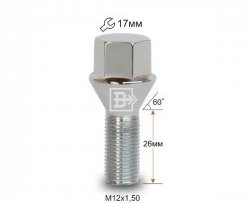 Колёсный болт длиной 26 мм Вектор M12 1.5 26 под гаечный ключ (пос.место: конус) Honda HR-V RV (2021-2023) 