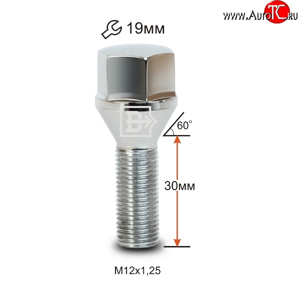 112 р. Колёсный болт длиной 30 мм Вектор M12 1.25 30 под гаечный ключ (пос.место: конус) Alfa Romeo MiTo 955 дорестайлинг (2008-2014)