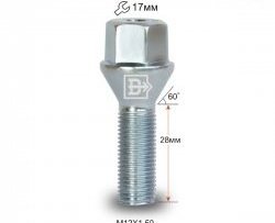 Колёсный болт длиной 28 мм Вектор M12 1.5 28 под гаечный ключ 