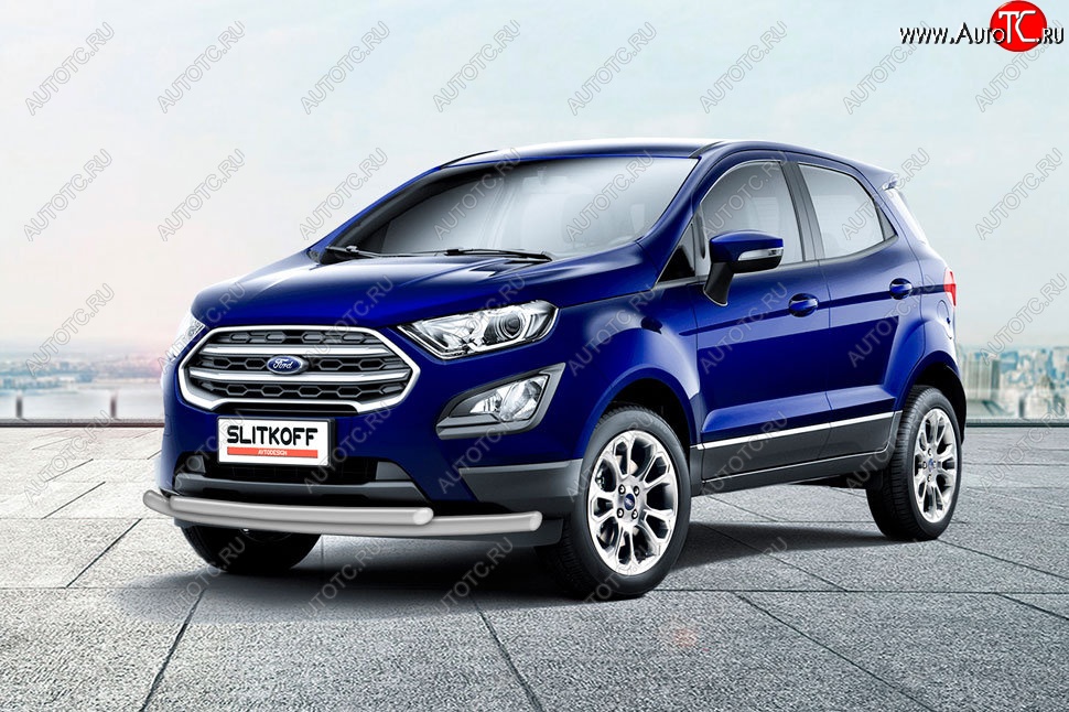 10 299 р. Защита переднего бампера Slitkoff (двойная, d57/42)  Ford EcoSport  B515 (2017-2019) рестайлинг (Сталь с полимерным покрытием. Цвет: серебристый)  с доставкой в г. Кемерово