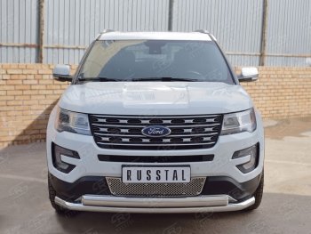 13 849 р. Защита переднего бампера (2 трубыØ63 и 75х42 мм, нержавейка) Russtal Ford Explorer U502 2-ой рестайлинг, 5 дв. (2017-2019)  с доставкой в г. Кемерово. Увеличить фотографию 2