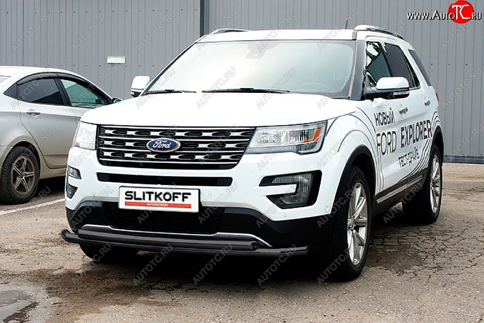 11 849 р. Защита переднего бампера Slitkoff (двойная, d57/57 мм)  Ford Explorer  U502 (2015-2018) 1-ый рестайлинг, 5 дв. (Сталь с полимерным покрытием. Цвет: чёрный)  с доставкой в г. Кемерово