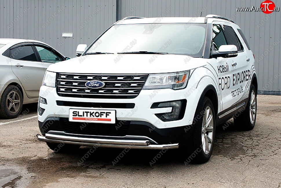 16 899 р. Защита переднего бампера Slitkoff (двойная, d57/57 мм)  Ford Explorer  U502 (2015-2018) 1-ый рестайлинг, 5 дв. (Нержавейка, Полированная)  с доставкой в г. Кемерово