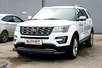 16 899 р. Защита переднего бампера Slitkoff (двойная, d57/57 мм)  Ford Explorer  U502 (2015-2018) 1-ый рестайлинг, 5 дв. (Нержавейка, Полированная)  с доставкой в г. Кемерово. Увеличить фотографию 2