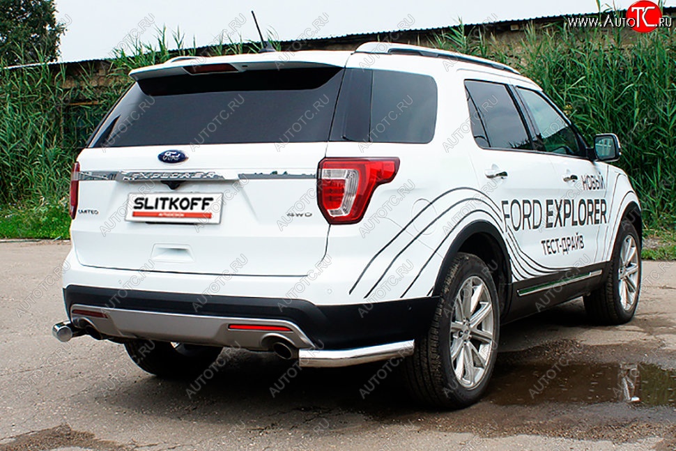12 699 р. Защита заднего бампера Slitkoff (d76 мм, уголки)  Ford Explorer  U502 (2015-2018) 1-ый рестайлинг, 5 дв. (Нержавейка, Полированная)  с доставкой в г. Кемерово