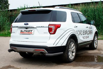 Защита заднего бампера Slitkoff (d76 мм, уголки) Ford Explorer  U502 (2015-2018) 1-ый рестайлинг, 5 дв. (Сталь с полимерным покрытием. Цвет: чёрный)
