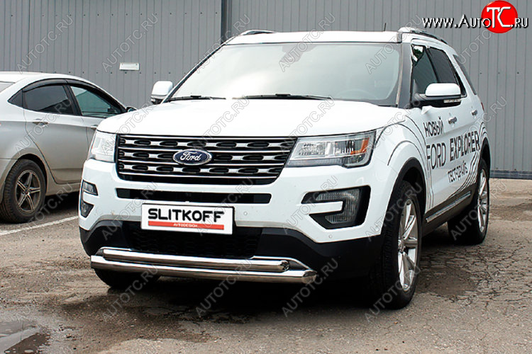 13 599 р. Защита переднего бампера Slitkoff (Ø 76+Ø 57).  Ford Explorer  U502 (2015-2018) 1-ый рестайлинг, 5 дв. (Цвет: серебристый)  с доставкой в г. Кемерово