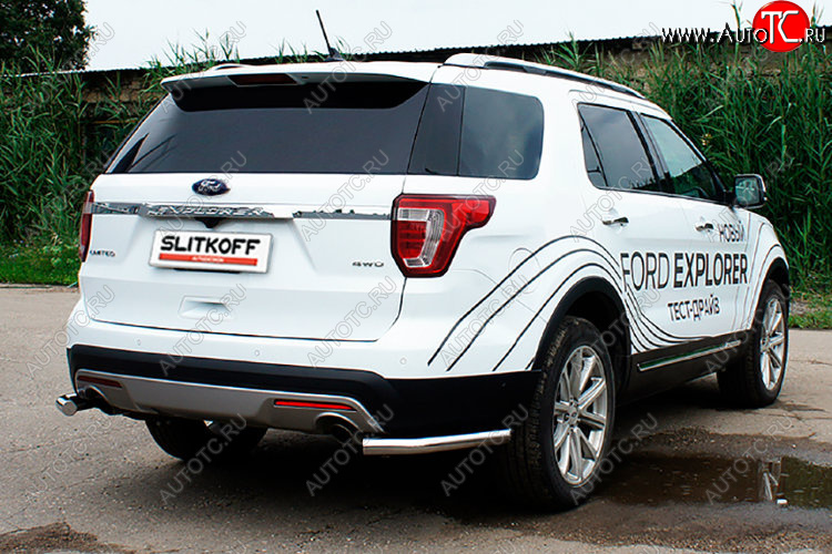 10 999 р. Защита заднего бампера Slitkoff (Ø 57 мм, уголки)  Ford Explorer  U502 (2015-2018) 1-ый рестайлинг, 5 дв. (Полированная нержавейка)  с доставкой в г. Кемерово