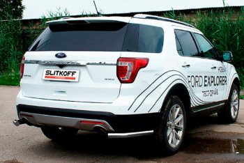 Защита заднего бампера Slitkoff (Ø 57 мм, уголки) Ford Explorer  U502 (2015-2018) 1-ый рестайлинг, 5 дв. (Цвет: серебристый)