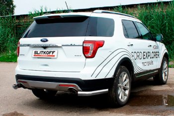 Защита заднего бампера Slitkoff (Ø 76 мм, уголки) Ford Explorer  U502 (2015-2018) 1-ый рестайлинг, 5 дв. (Сталь с полимерным покрытием. Цвет: серебристый)