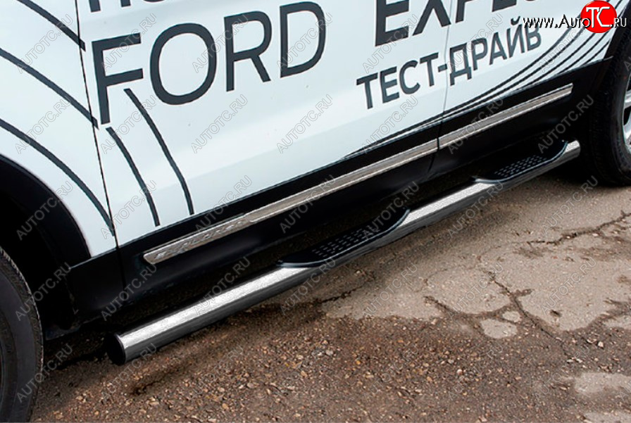 16 949 р. Защита порогов Slitkoff (Ø 76 мм, с проступями)  Ford Explorer  U502 (2015-2018) 1-ый рестайлинг, 5 дв. (Цвет: серебристый)  с доставкой в г. Кемерово