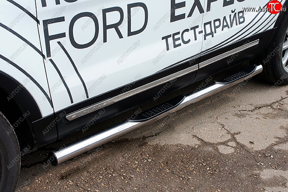 23 999 р. Защита порогов Slitkoff (d76, с проступями)  Ford Explorer  U502 (2017-2019) 2-ой рестайлинг, 5 дв. (Нержавейка, Полированная)  с доставкой в г. Кемерово