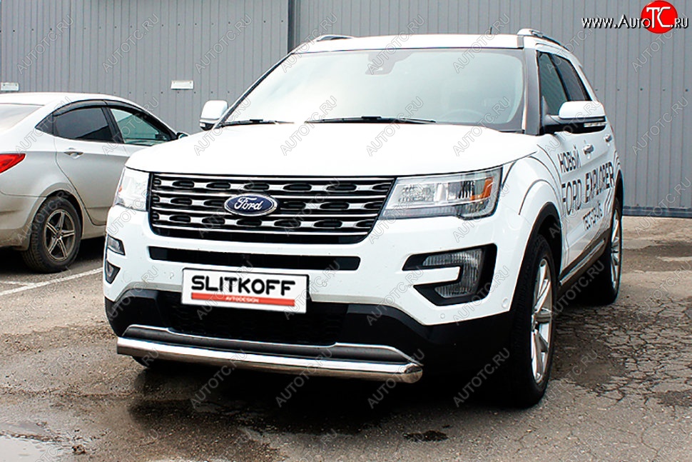 16 749 р. Защита переднего бампера Slitkoff (d76 мм)  Ford Explorer  U502 (2017-2019) 2-ой рестайлинг, 5 дв. (Нержавейка, Полированная)  с доставкой в г. Кемерово