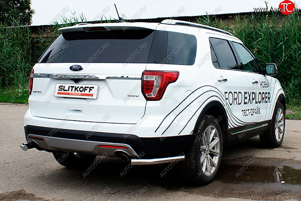 10 999 р. Защита заднего бампера Slitkoff (d57 мм, уголки)  Ford Explorer  U502 (2017-2019) 2-ой рестайлинг, 5 дв. (Нержавейка, Полированная)  с доставкой в г. Кемерово
