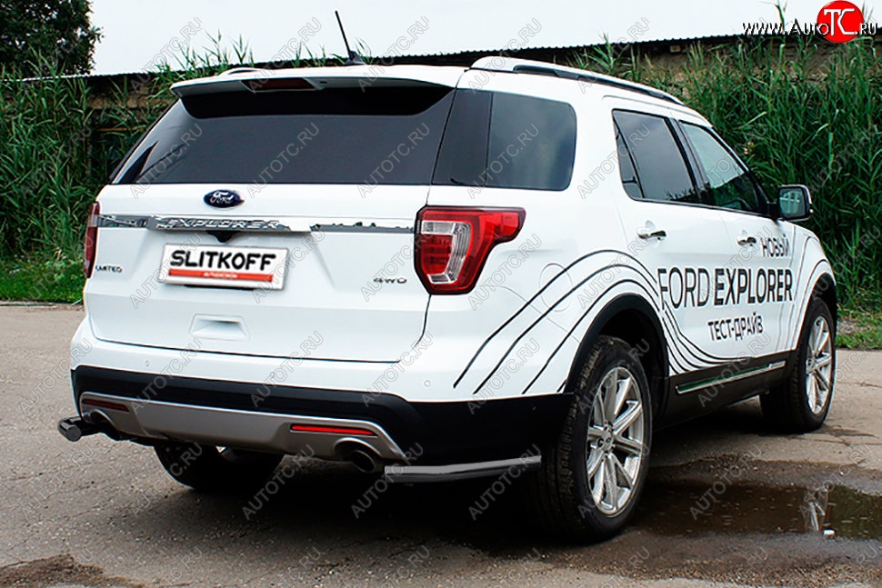 7 749 р. Защита заднего бампера Slitkoff (d57 мм, уголки) Ford Explorer U502 2-ой рестайлинг, 5 дв. (2017-2019) (Сталь с полимерным покрытием. Цвет: чёрный)  с доставкой в г. Кемерово