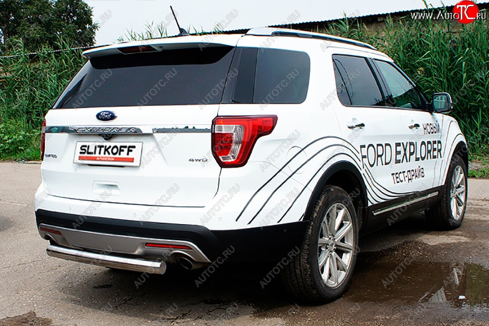 12 699 р. Защита заднего бампера Slitkoff (d76 мм)  Ford Explorer  U502 (2017-2019) 2-ой рестайлинг, 5 дв. (Нержавейка, Полированная)  с доставкой в г. Кемерово