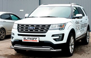 11 849 р. Защита переднего бампера Slitkoff (Ø 57+Ø 57, двойная).  Ford Explorer  U502 (2017-2019) 2-ой рестайлинг, 5 дв. (Сталь с полимерным покрытием. Цвет: серебристый)  с доставкой в г. Кемерово. Увеличить фотографию 1