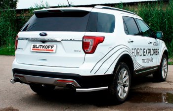 Защита заднего бампера Slitkoff (Ø 57, уголки) Ford Explorer  U502 (2017-2019) 2-ой рестайлинг, 5 дв. (Сталь с полимерным покрытием. Цвет: серебристый)