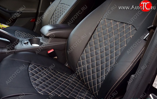 9 449 р. Чехлы для сидений Lord Autofashion Турин Ромб (экокожа, сиденье и спинка 60/40+подлокотник, 3 Г-образных подголовника) Ford Mondeo Mk4,BD дорестайлинг, седан (2007-2010) (Чёрный, вставка чёрная, строчка бежевая)  с доставкой в г. Кемерово