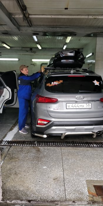 11 449 р. Защита заднего бампера Slitkoff (скоба, d57 мм)  Hyundai Santa Fe  TM (2018-2021) дорестайлинг (Нержавейка, Полированная)  с доставкой в г. Кемерово. Увеличить фотографию 2