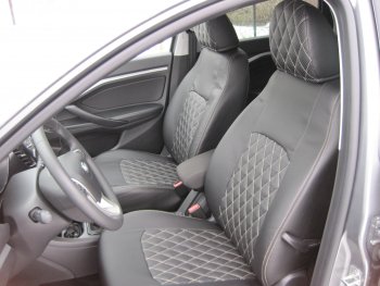 7 199 р. Чехлы для сидений Lord Autofashion Турин Ромб (экокожа) Лада Веста SW 2181 универсал дорестайлинг (2017-2022) (Чёрный, вставка чёрная, строчка бежевая)  с доставкой в г. Кемерово. Увеличить фотографию 5