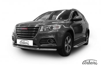 4 999 р. Защита переднего бампера Arbori (нержавейка, 2 трубы d57 и 42 mm)  Haval H6 (2013-2020) дорестайлинг  с доставкой в г. Кемерово. Увеличить фотографию 1