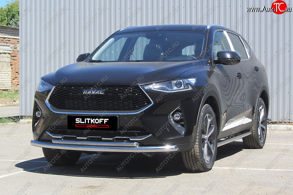 13 899 р. Защита переднего бампера (2 трубы Ø57 и 42 мм, нержавейка) Slitkoff Haval F7x дорестайлинг (2019-2022)  с доставкой в г. Кемерово