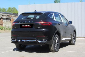 Защита заднего бампера (2 трубы Ø57 и 42 мм, с полимерным покрытием) Slitkoff Haval F7 - F7x (цвет: черный)