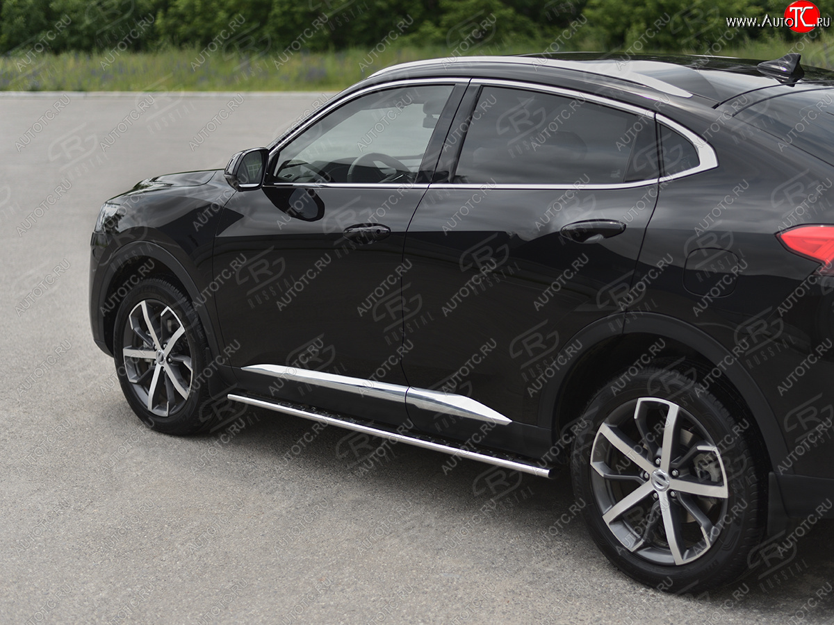 23 749 р. Защита порогов (Ø75x42 мм, с проступью) Russtal Haval F7x дорестайлинг (2019-2022) (полированная нержавейка)  с доставкой в г. Кемерово