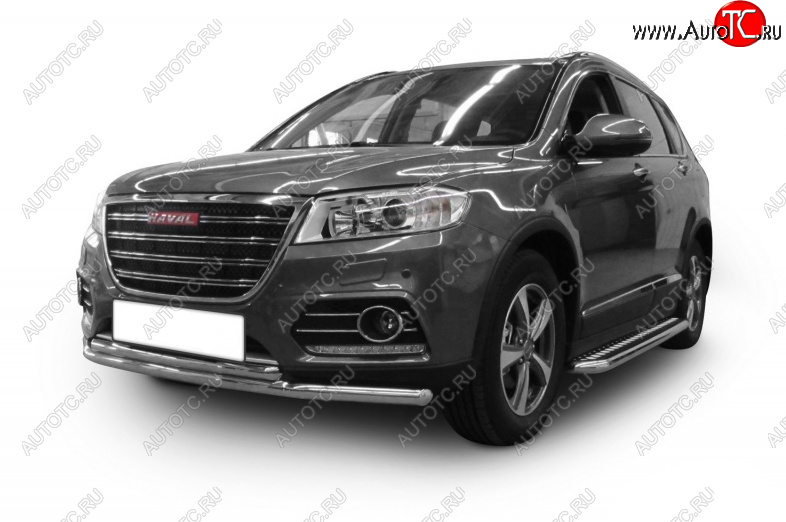 8 999 р. Защита переднего бампера Slitkoff (Ø 57+Ø 57). Haval H2 (2014-2021) (Цвет: серебристый)  с доставкой в г. Кемерово