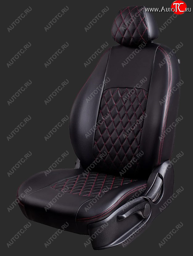 9 449 р. Чехлы для сидений Lord Autofashion Турин Ромб (экокожа, спинка и сиденье 60/40, 3 Г-образных подголовника) Honda CR-V RE1,RE2,RE3,RE4,RE5,RE7 дорестайлинг (2007-2010) (Черный, вставка черная, строчка красная)  с доставкой в г. Кемерово